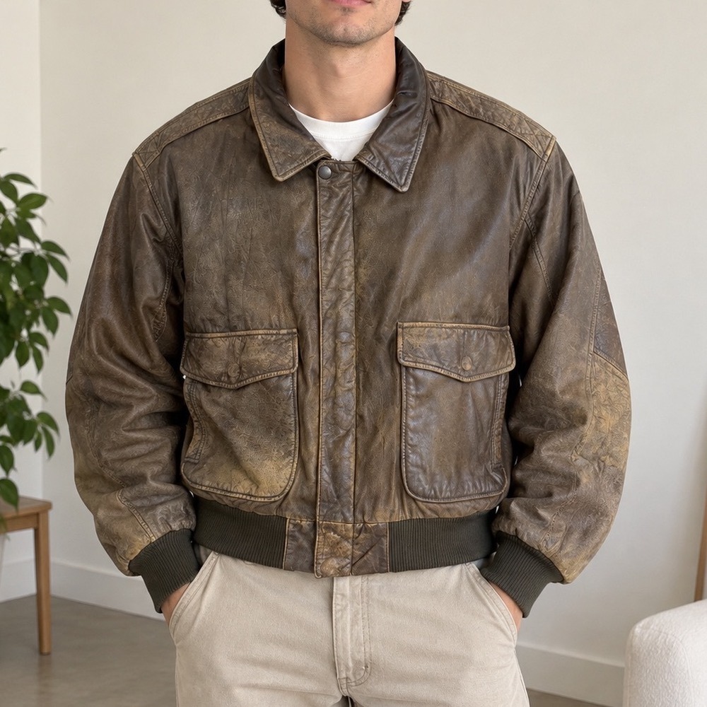 Vtg Reed military Brown Leather Bomber Jacket Map Lining distressed biker